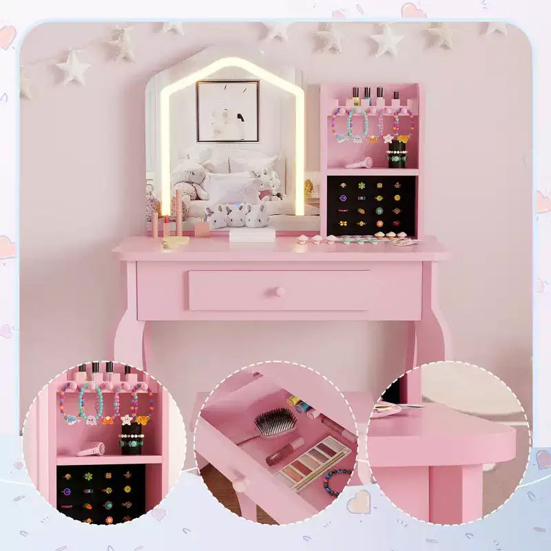 Toeletta per Bambine con Specchio Illuminato, Toeletta e Sgabello per Bambine, Tavolo da Trucco per Bambini e Set da Trucco per Bambine da 3 a 8 Anni