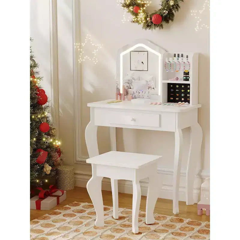 Toeletta per Bambine con Specchio Illuminato, Toeletta e Sgabello per Bambine, Tavolo da Trucco per Bambini e Set da Trucco per Bambine da 3 a 8 Anni