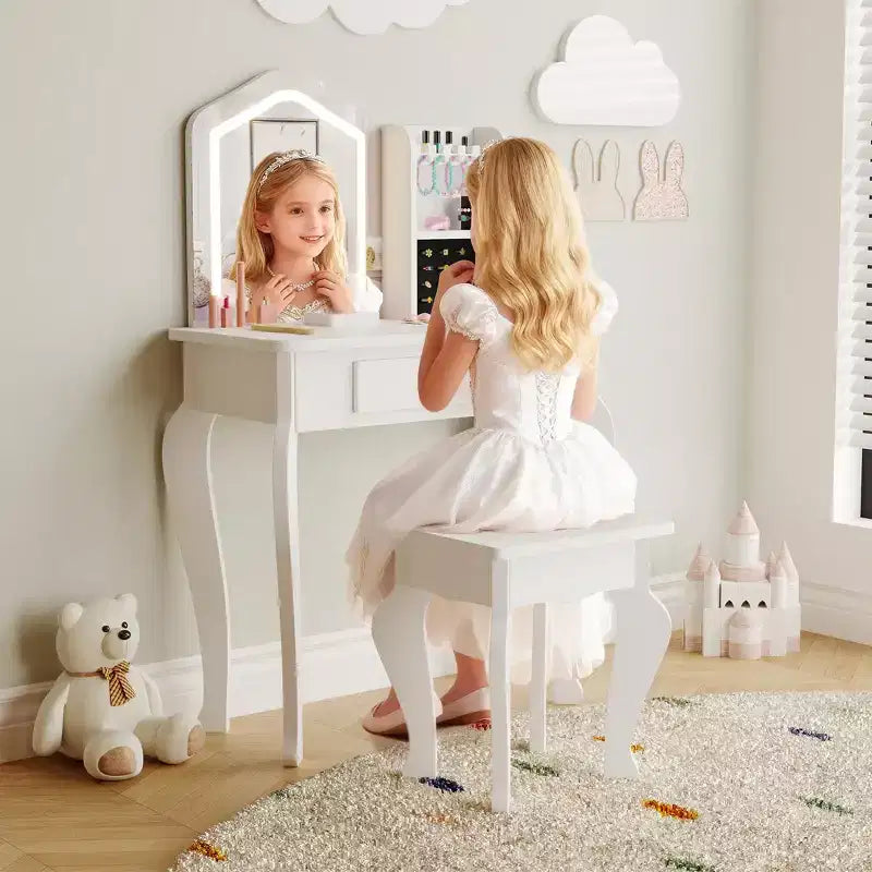 Toeletta per Bambine con Specchio Illuminato, Toeletta e Sgabello per Bambine, Tavolo da Trucco per Bambini e Set da Trucco per Bambine da 3 a 8 Anni