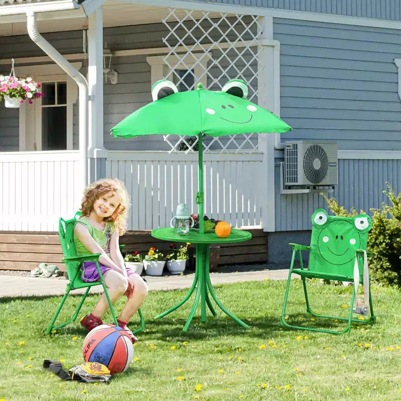 Tavolo e Sedia Pieghevoli per Bambini, Tavolo da Picnic con Motivo a Rana e Ombrellone Rimovibile e Regolabile in Altezza per Giardino, Cortile, Verde