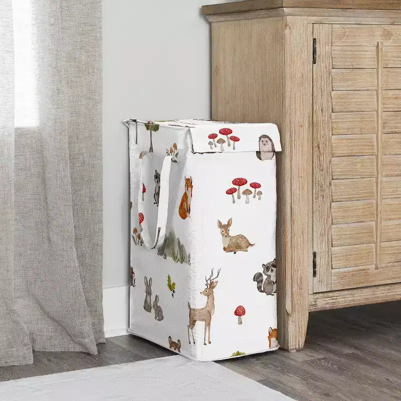 Cesto Portabiancheria Pieghevole per Bambini e Bambine, Unisex/Neutro, con Manici, Acquerello Animali del Bosco, Verde, Marrone e Rosso