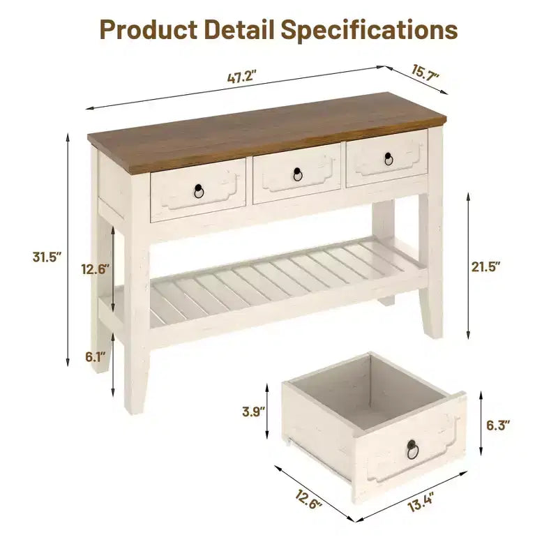 Consolle da 47 pollici con cassetti, tavolo da ingresso rustico stile fattoria con ripiano inferiore e gambe in legno massello per ingresso, soggiorno, atrio, foyer