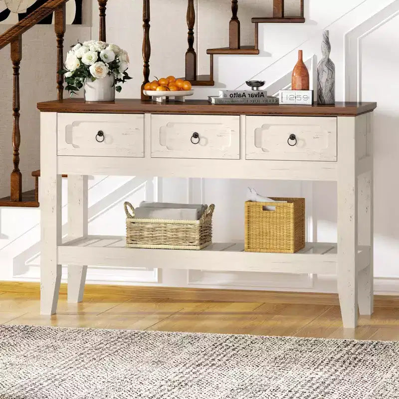 Consolle da 47 pollici con cassetti, tavolo da ingresso rustico stile fattoria con ripiano inferiore e gambe in legno massello per ingresso, soggiorno, atrio, foyer