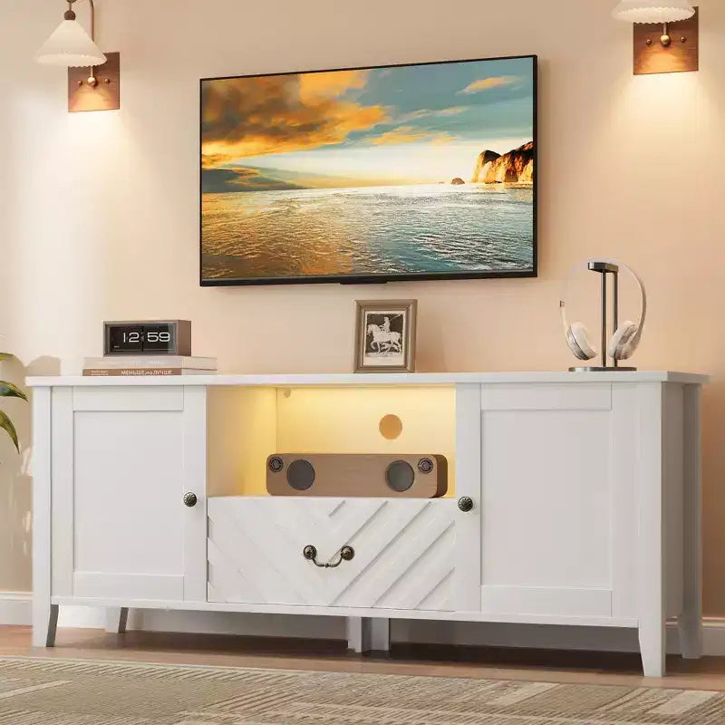 Mobile TV con luci a LED, Porta TV con 2 vani e 1 cassetto per sala giochi, Porta TV lungo per TV da 65 pollici