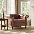 Zeus & Ruta Chesterfield Club Chair with Scrolled Arms, Nailhead Trim, and Solid Wood Legs