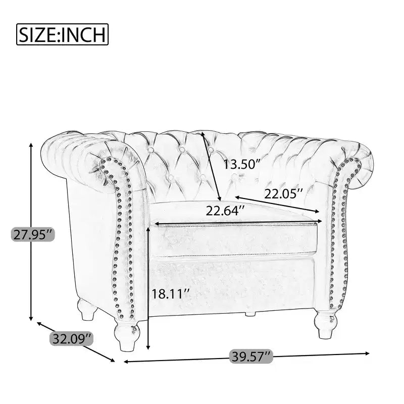 Poltrona Chesterfield Club con braccioli arrotolati, borchie e gambe in legno massello