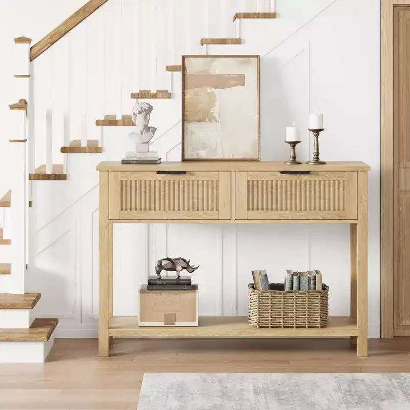 Consolle scanalata per ingresso, tavolino stretto a 2 cassetti con ripiano portaoggetti, finitura in legno naturale per soggiorno, corridoio o atrio
