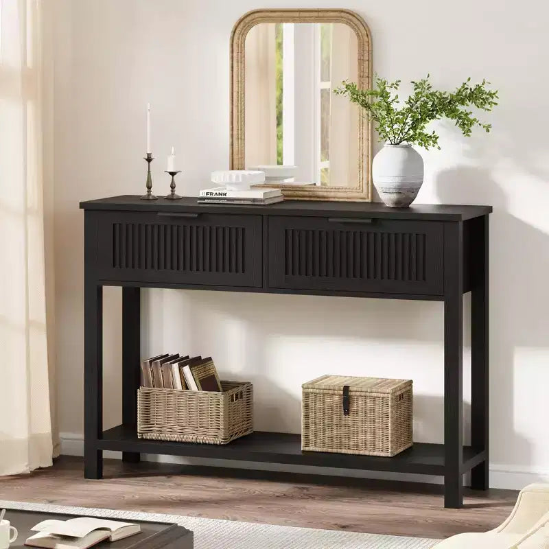 Consolle scanalata per ingresso, tavolino stretto a 2 cassetti con ripiano portaoggetti, finitura in legno naturale per soggiorno, corridoio o atrio