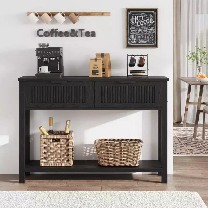 Consolle scanalata per ingresso, tavolino stretto a 2 cassetti con ripiano portaoggetti, finitura in legno naturale per soggiorno, corridoio o atrio