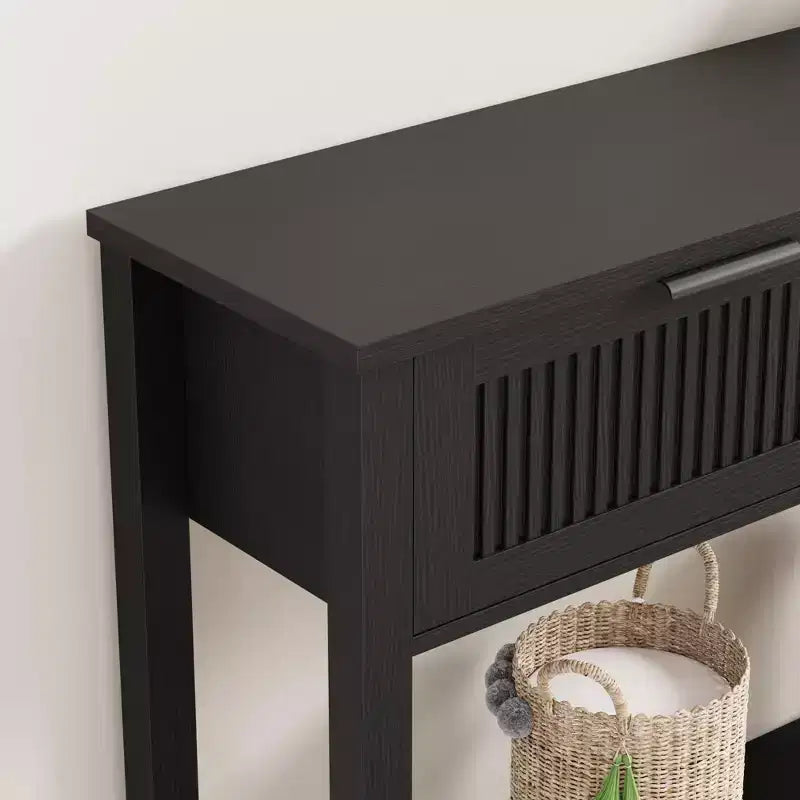 Consolle scanalata per ingresso, tavolino stretto a 2 cassetti con ripiano portaoggetti, finitura in legno naturale per soggiorno, corridoio o atrio