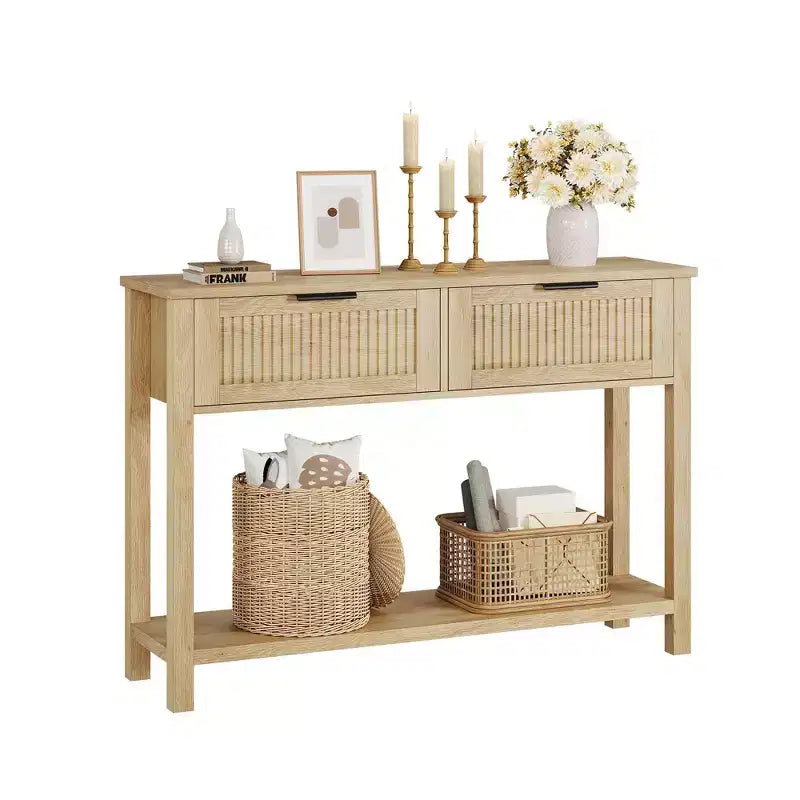 Consolle scanalata per ingresso, tavolino stretto a 2 cassetti con ripiano portaoggetti, finitura in legno naturale per soggiorno, corridoio o atrio