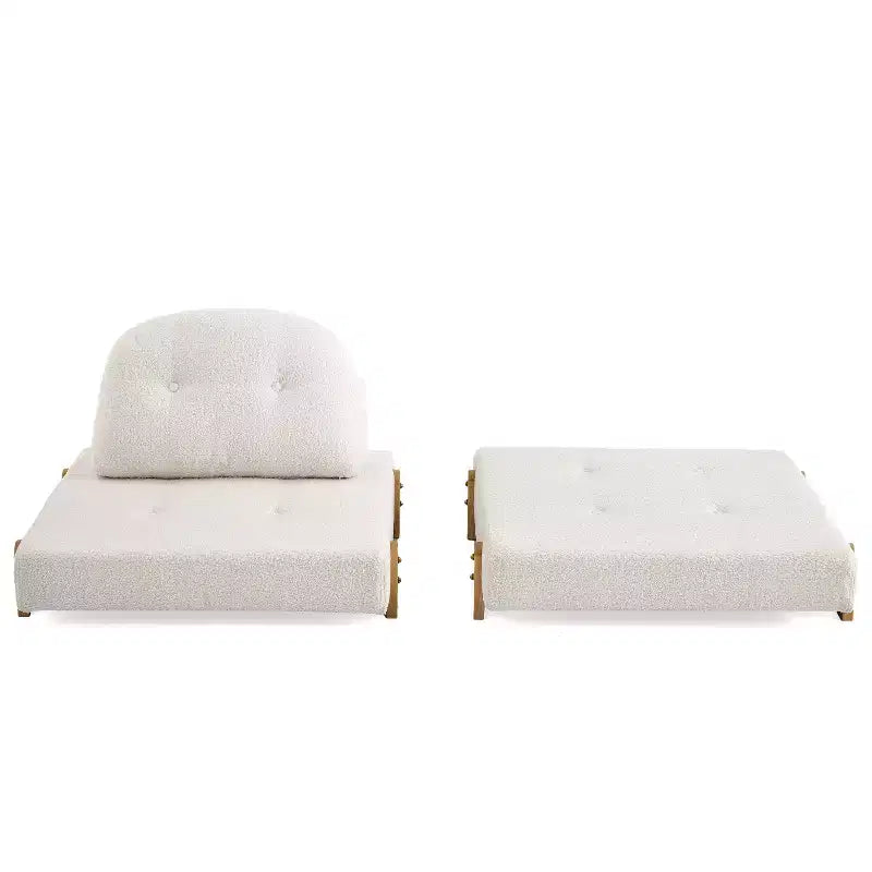 Divano Letto Convertibile in Tessuto Teddy, Poltrona Ottomana Pieghevole da Terra Trapuntata con Cuscino e Gambe in Legno Massello, Beige