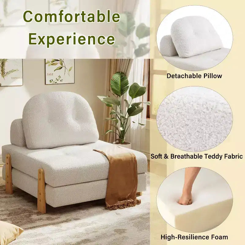 Divano Letto Convertibile in Tessuto Teddy, Poltrona Ottomana Pieghevole da Terra Trapuntata con Cuscino e Gambe in Legno Massello, Beige