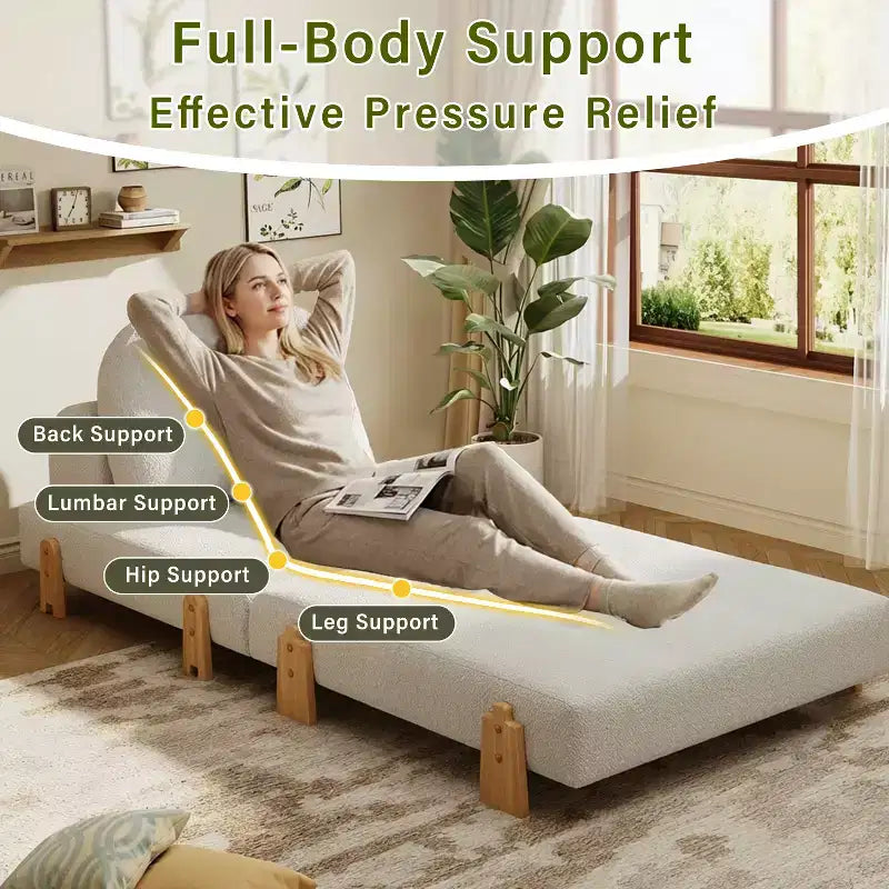 Divano Letto Convertibile in Tessuto Teddy, Poltrona Ottomana Pieghevole da Terra Trapuntata con Cuscino e Gambe in Legno Massello, Beige