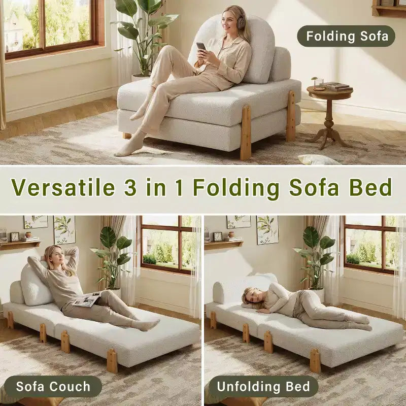 Divano Letto Convertibile in Tessuto Teddy, Poltrona Ottomana Pieghevole da Terra Trapuntata con Cuscino e Gambe in Legno Massello, Beige