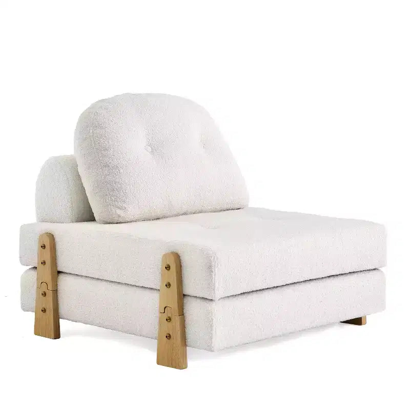 Divano Letto Convertibile in Tessuto Teddy, Poltrona Ottomana Pieghevole da Terra Trapuntata con Cuscino e Gambe in Legno Massello, Beige