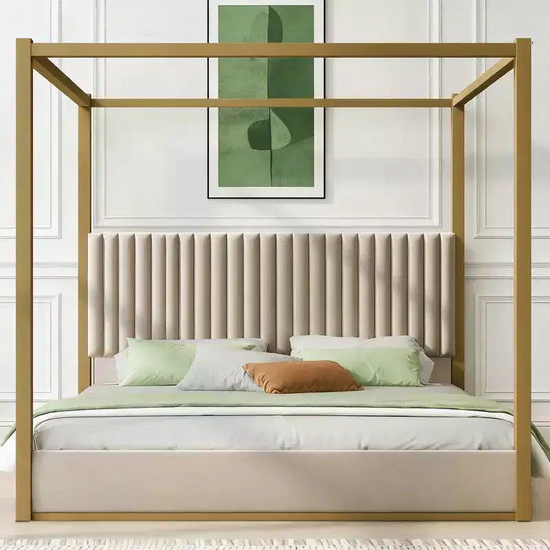 Letto a baldacchino moderno king size con testiera imbottita e struttura in metallo