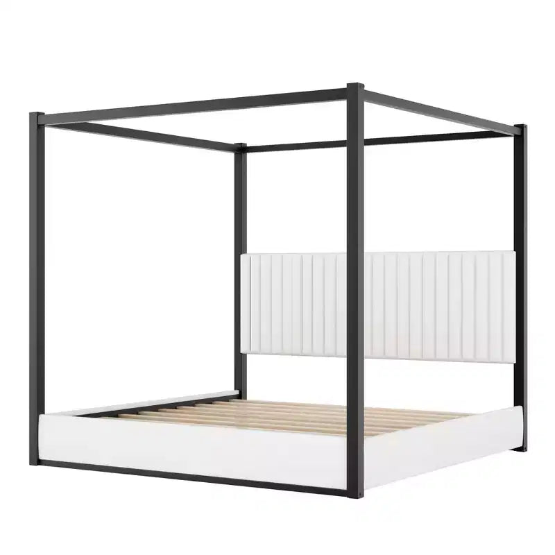 Letto a baldacchino moderno king size con testiera imbottita e struttura in metallo