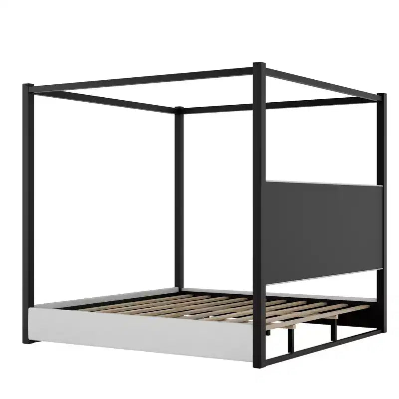 Letto a baldacchino moderno king size con testiera imbottita e struttura in metallo