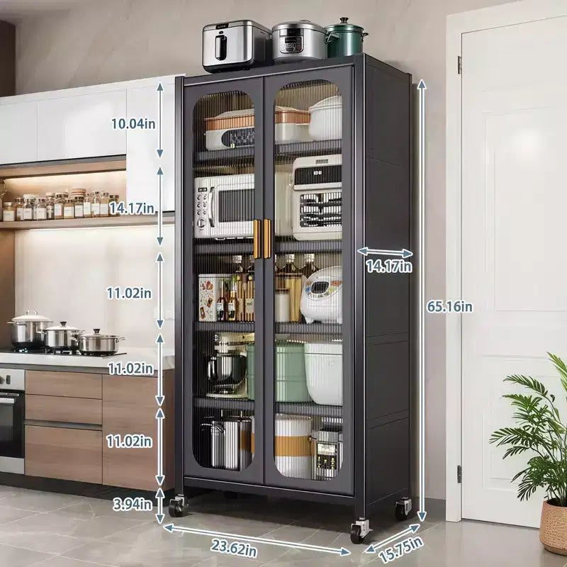 Armadio dispensa da cucina 65", mobile contenitore in metallo a 6 livelli con anta trasparente, per cucina, soggiorno e sala da pranzo, grigio