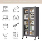 Armadio dispensa da cucina 65", mobile contenitore in metallo a 6 livelli con anta trasparente, per cucina, soggiorno e sala da pranzo, grigio