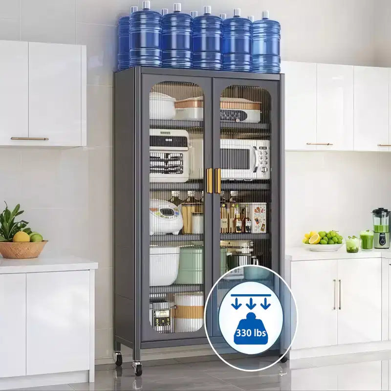Armadio dispensa da cucina 65", mobile contenitore in metallo a 6 livelli con anta trasparente, per cucina, soggiorno e sala da pranzo, grigio