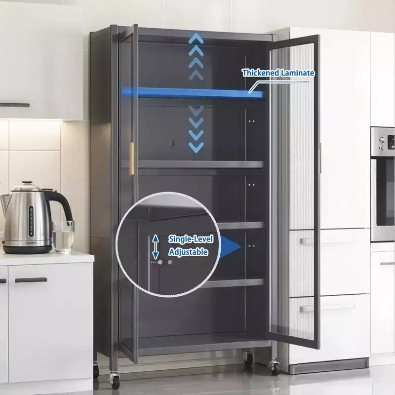 Armadio dispensa da cucina 65", mobile contenitore in metallo a 6 livelli con anta trasparente, per cucina, soggiorno e sala da pranzo, grigio