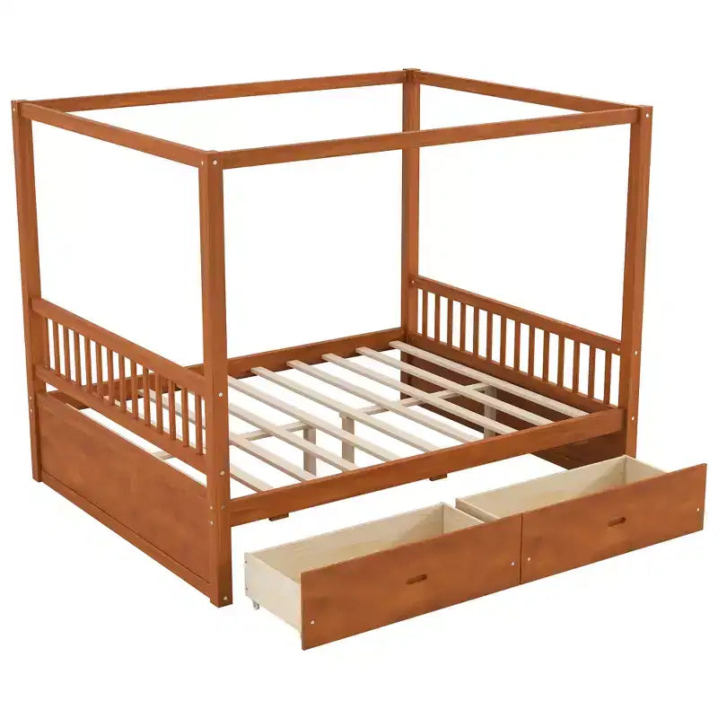 Letto a baldacchino rustico in legno con cassetti contenitore