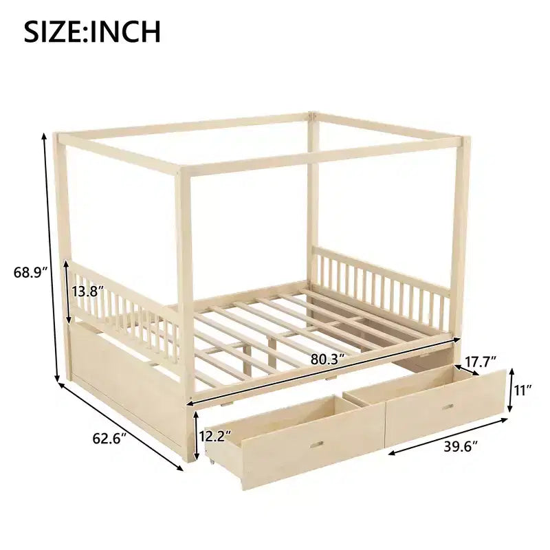 Letto a baldacchino rustico in legno con cassetti contenitore