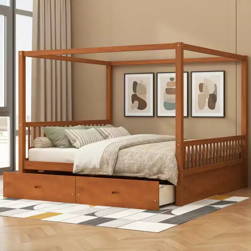 Letto a baldacchino rustico in legno con cassetti contenitore