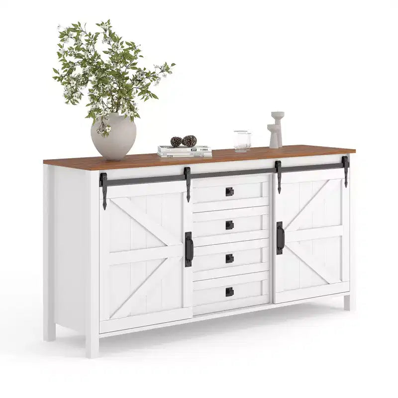 60 Mobile credenza a buffet rustico con ante scorrevoli a fienile e 4 cassetti, mobile da cucina con contenitore per sala da pranzo, angolo caffè