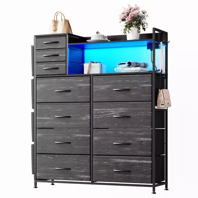 Cassettiera Alta in Tessuto a 11 Cassetti con Piano in Legno e 4 Tasche Laterali Colori e Fantasie Multiple (Strisce Tigrate, Grigio Scuro) per la Camera da Letto