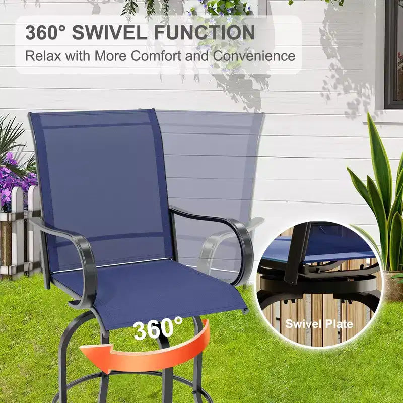 Sgabelli da bar girevoli a 360° per patio, sedie da esterno con schienale alto e braccioli, struttura in metallo resistente alle intemperie per ponte, prato, giardino