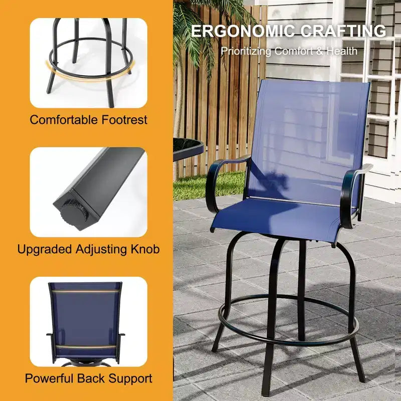 Sgabelli da bar girevoli a 360° per patio, sedie da esterno con schienale alto e braccioli, struttura in metallo resistente alle intemperie per ponte, prato, giardino