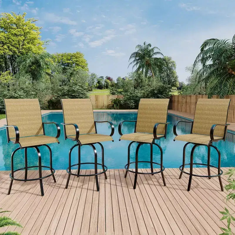 Sgabelli da bar girevoli a 360° per patio, sedie da esterno con schienale alto e braccioli, struttura in metallo resistente alle intemperie per ponte, prato, giardino