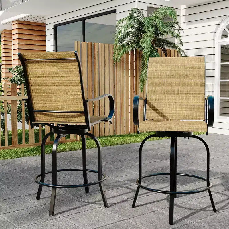 Sgabelli da bar girevoli a 360° per patio, sedie da esterno con schienale alto e braccioli, struttura in metallo resistente alle intemperie per ponte, prato, giardino