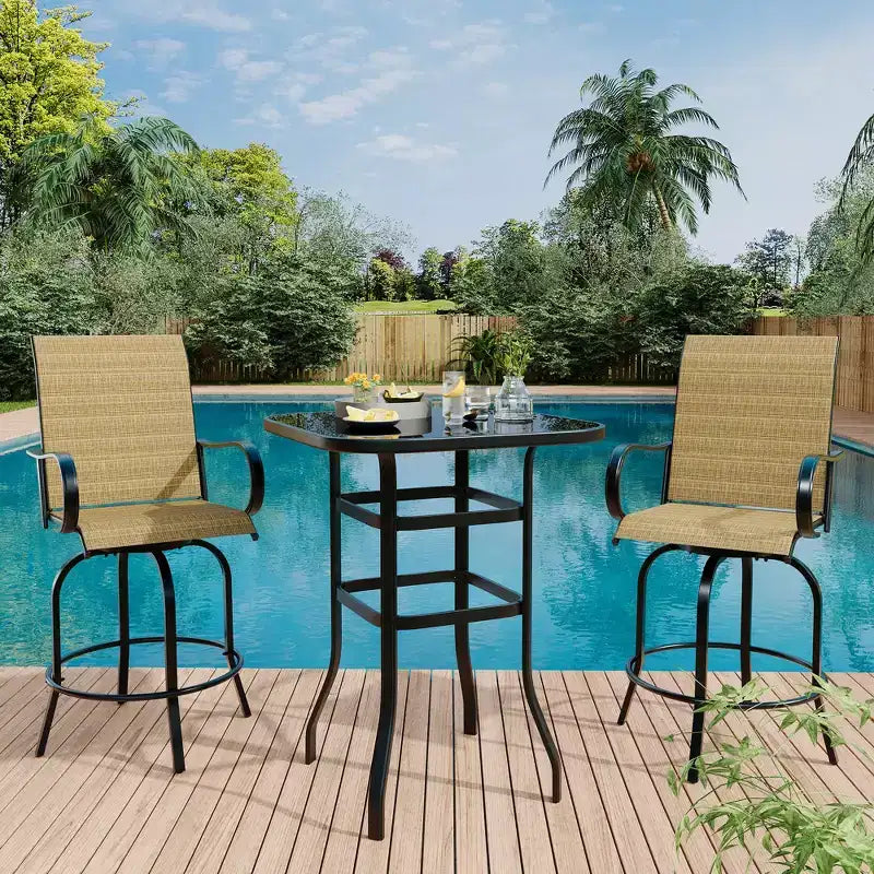 Sgabelli da bar girevoli a 360° per patio, sedie da esterno con schienale alto e braccioli, struttura in metallo resistente alle intemperie per ponte, prato, giardino