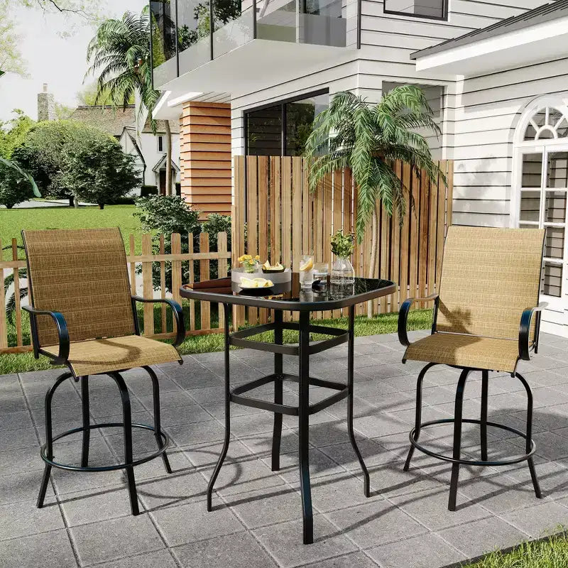 Sgabelli da bar girevoli a 360° per patio, sedie da esterno con schienale alto e braccioli, struttura in metallo resistente alle intemperie per ponte, prato, giardino